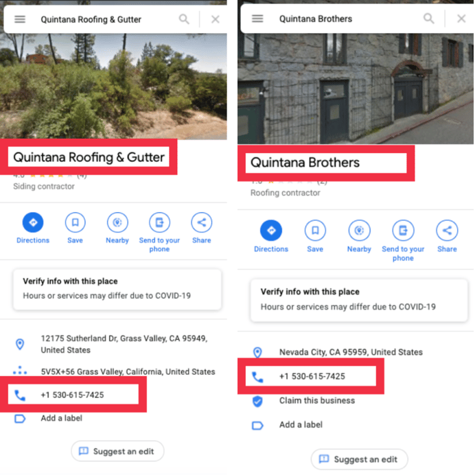 Ejemplo de un negocio duplicado.